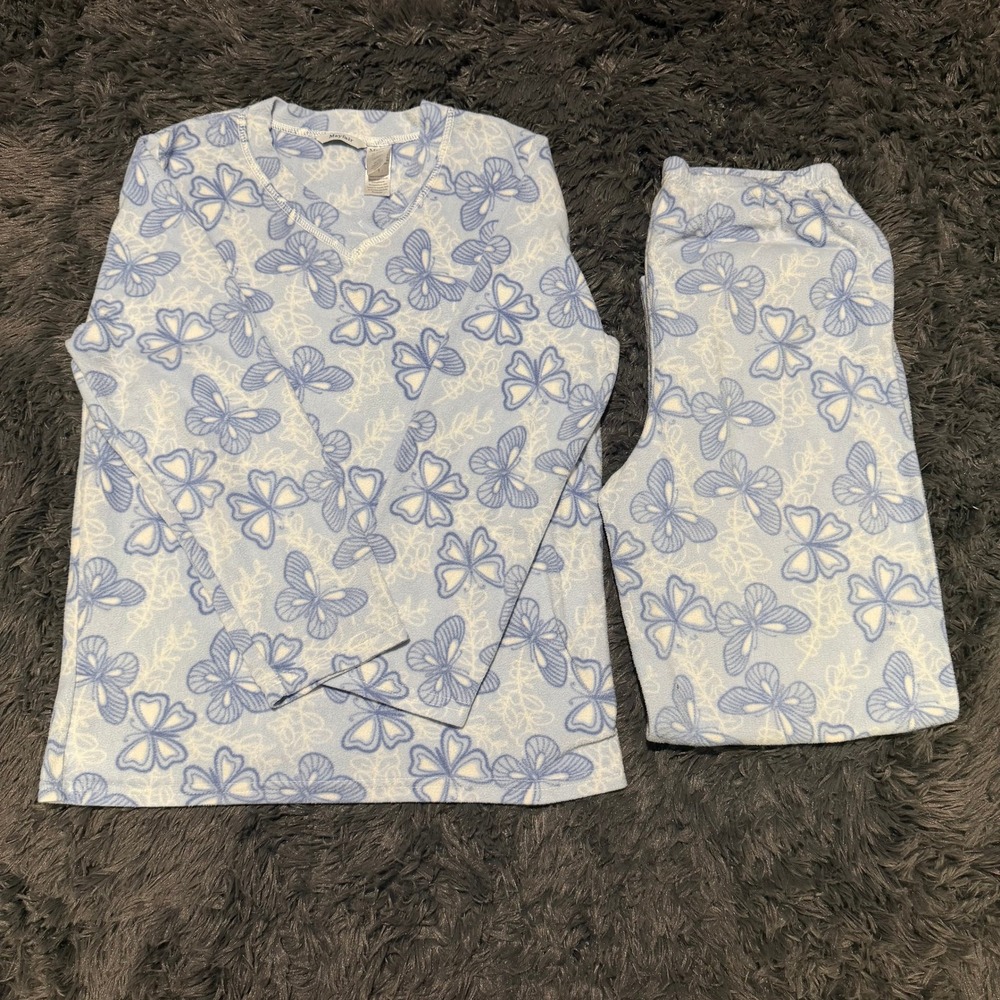 Mayfair Womens Fleece Pajama Set Blue Butterfly Print V-Neck M ZT032